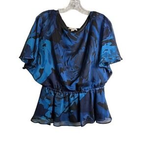 Blue & Black Abstract Print Sheer Peplum Blouse By Established 1962 Size 6